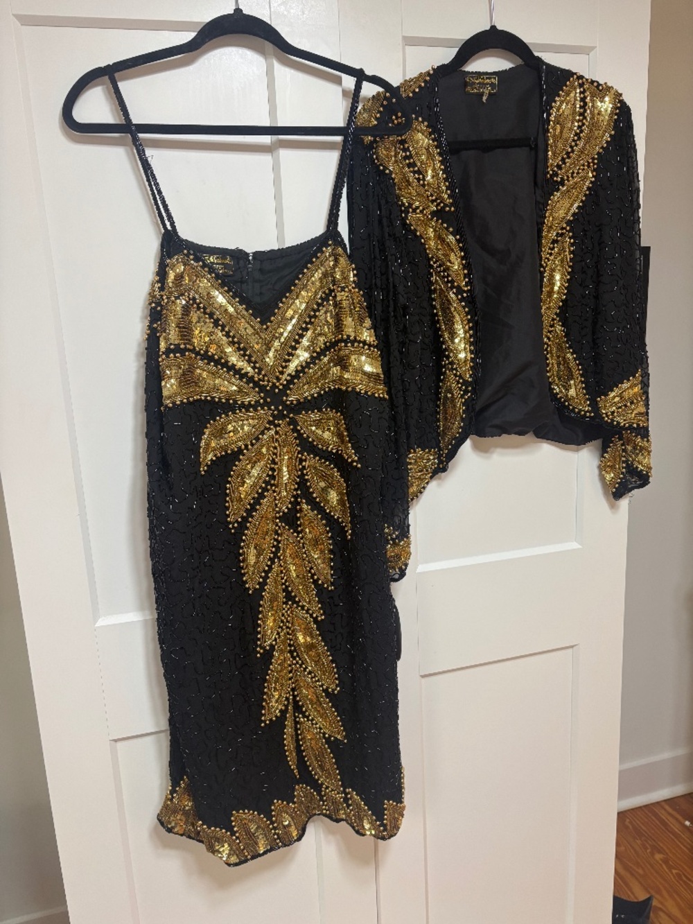 Vintage 80s/90s Life & Style 2X Black Gold Silk Beaded Dress Jacket Set